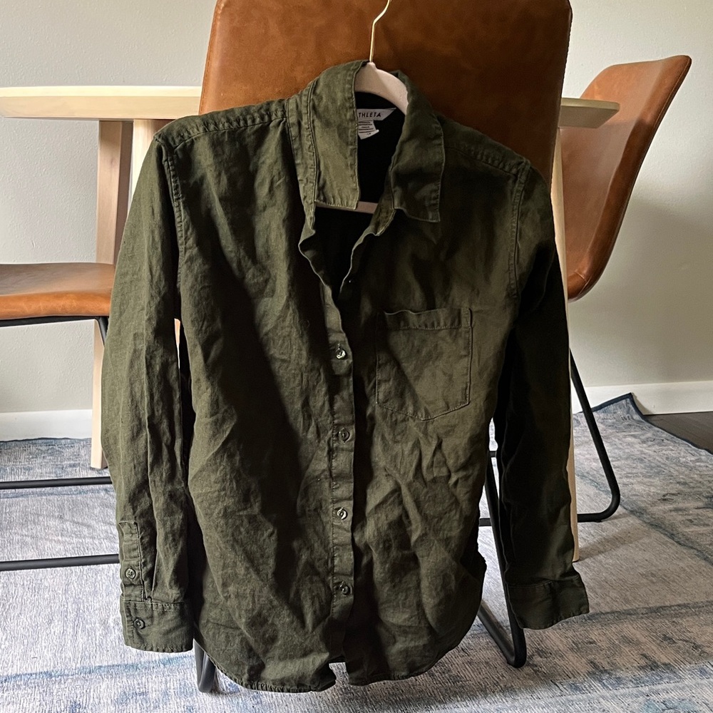 Olive Green Athleta linen button up shirt